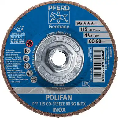 PFERD 61084 4-1/2" x 5/8-11 POLIFAN Flap Disc - Flat CO-FREEZE SG INOX Ceramic Oxide 80G (10pk)