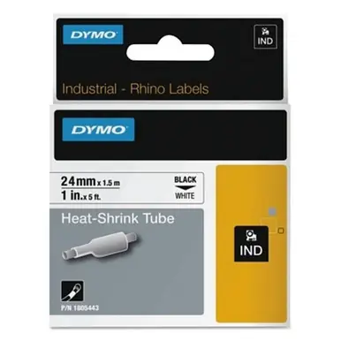 DYMO 1805443 Heat-Shrink Tube, 1" W x 5‘ L, Black on White (5pk)