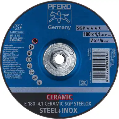 PFERD 60096 7" x 1/8 Grinding Wheel, 5/8-11 Thd. CERAMIC SGP STEELOX - Type 27 (10pk)