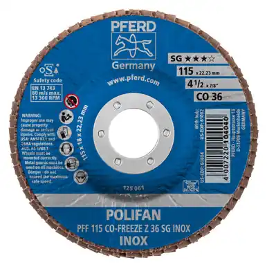 PFERD 60804 4-1/2" x 7/8" POLIFAN Flap Disc - Flat CO-FREEZE SG INOX Ceramic Oxide 36G (10pk)