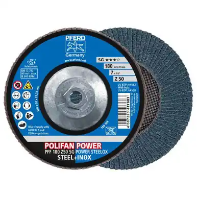PFERD 64558 - Flap Disc, 7" x 5/8-11, Z SG POWER STEELOX, 50 Grit, T27, Flat, Zirconia (10pk)
