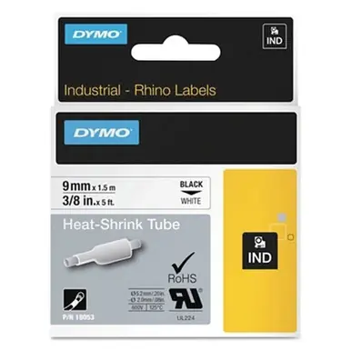 DYMO 18053 Heat-Shrink Tube, 3/8" W x 5‘ L, Black on White (5pk)