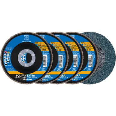 PFERD 60390 - Flap Disc Set, 4-1/2"x7/8, ZPSF EXTRA STEELOX, 40/60/80/120Grit, T27, Flat