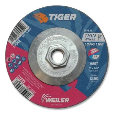 Weiler 57042 Tiger AO Cutting Wheel, 5" x 0.045", 5/8-11 Arbor, A60T, Type 27 (10pk)