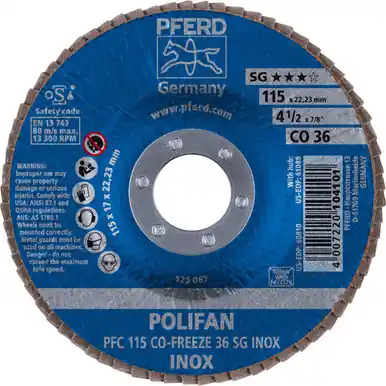 PFERD 60810 4-1/2" x 7/8" POLIFAN Flap Disc - Conical CO-FREEZE SG INOX Ceramic Oxide 36G (10pk)
