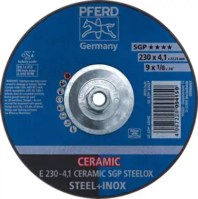 PFERD 60097 9" x 1/8 Grinding Wheel, 5/8-11 Thd. CERAMIC SGP STEELOX - Type 27 (10pk)