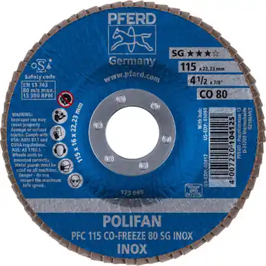 PFERD 60812 4-1/2" x 7/8" POLIFAN Flap Disc - Conical CO-FREEZE SG INOX Ceramic Oxide 80G (10pk)