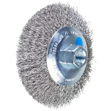 PFERD 82371 4-1/2" Dia. crimped wire bevel brush .014" stainless steel wire, 5/8-11 threaded nut (5pk)