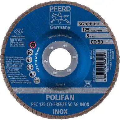 PFERD 60814 5" x 7/8" POLIFAN Flap Disc - Conical CO-FREEZE SG INOX Ceramic Oxide 50G (10pk)