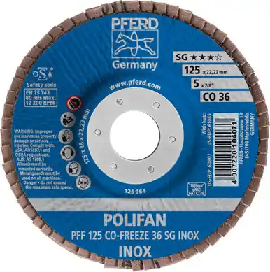 PFERD 60807 5" x 7/8" POLIFAN Flap Disc - Flat CO-FREEZE SG INOX Ceramic Oxide 36G (10pk)