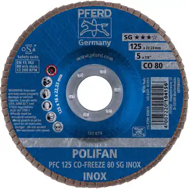 PFERD 60815 5" x 7/8" POLIFAN Flap Disc - Conical CO-FREEZE SG INOX Ceramic Oxide 80G (10pk)