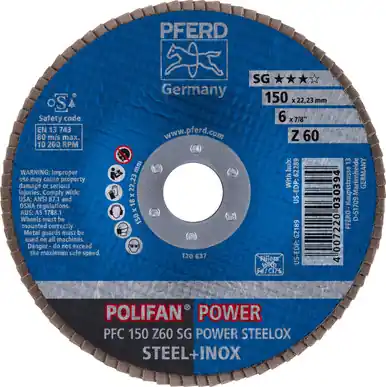 PFERD 62189 6" x 7/8" POLIFAN Flap Disc - Conical Z SG POWER STEELOX Zirconia 60G (10pk)