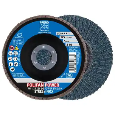 PFERD 64551 - Flap Disc, 5" x 7/8, Z SG POWER STEELOX, 50 Grit, T27, Flat, Zirconia (10pk)
