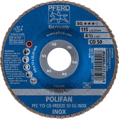 PFERD 60811 4-1/2" x 7/8" POLIFAN Flap Disc - Conical CO-FREEZE SG INOX Ceramic Oxide 50G (10pk)