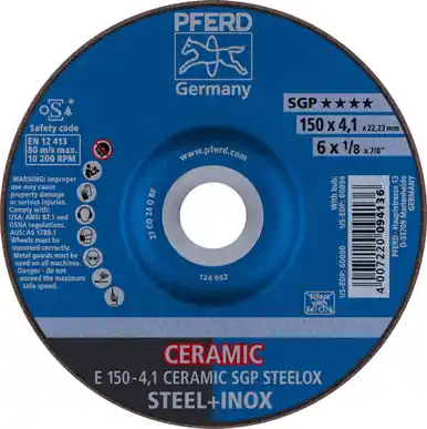 PFERD 60090 6" x 1/8 Grinding Wheel, 7/8" A.H. CERAMIC SGP STEELOX - Type 27 (10pk)