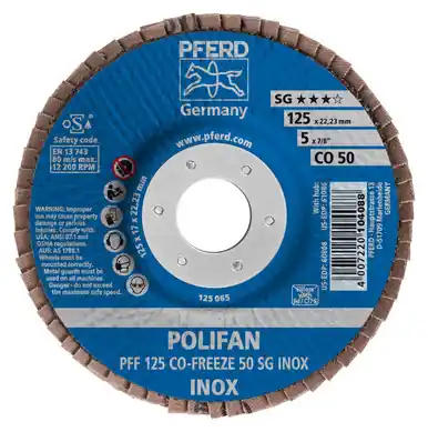 PFERD 60808 5" x 7/8" POLIFAN Flap Disc - Flat CO-FREEZE SG INOX Ceramic Oxide 50G (10pk)