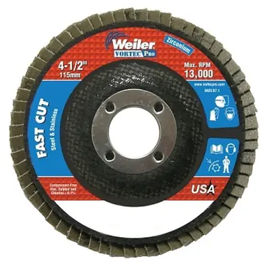Weiler 31404 Flap Disc, 4.5" x 7/8", Flat, Phenolic Backing, 8 oz