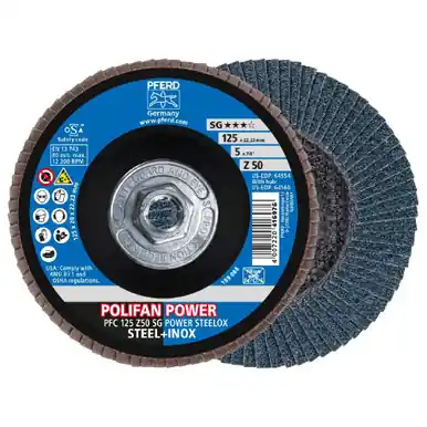 PFERD 64560 - Flap Disc, 5" x 5/8-11, Z SG POWER STEELOX, 50 Grit, T29, Conical, Zirconia (10pk)