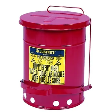 Justrite 09100 Red Oily Waste Can, 6 Gallon, Foot Operated Cover