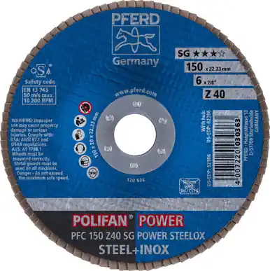PFERD 62186 6" x 7/8" POLIFAN Flap Disc - Conical Z SG POWER STEELOX Zirconia 40G (10pk)