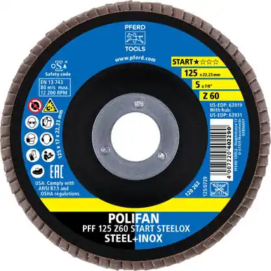 PFERD 63919 - Flap Disc, 5" x 7/8, Z START STEELOX, 60 Grit, T27, Flat, Zirconia (10pk)