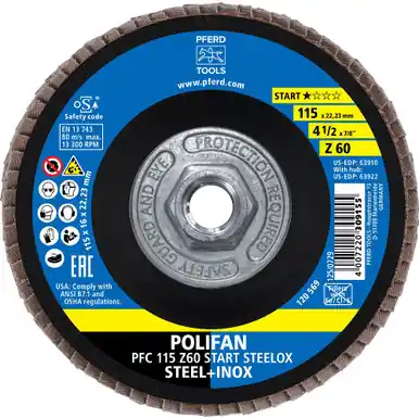 PFERD 63922 - Flap Disc, 4-1/2" x 5/8-11, Z START STEELOX, 60G, T29, Conical, Zirconia (10pk)