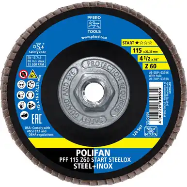 PFERD 63928 - Flap Disc, 4-1/2" x 5/8-11, Z START STEELOX, 60 Grit, T27, Flat, Zirconia (10pk)