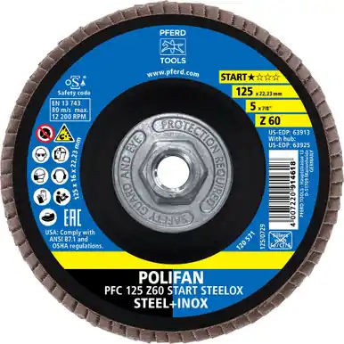 PFERD 63925 - Flap Disc, 5" x 5/8-11, Z START STEELOX, 60 Grit, T29, Conical, Zirconia (10pk)