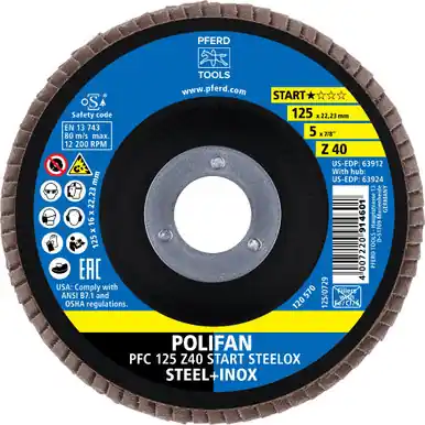 PFERD 63912 - Flap Disc, 5" x 7/8, Z START STEELOX, 40 Grit, T29, Conical, Zirconia (10pk)