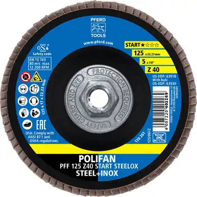 PFERD 63930 - Flap Disc, 5" x 5/8-11, Z START STEELOX, 40 Grit, T27, Flat, Zirconia (10pk)