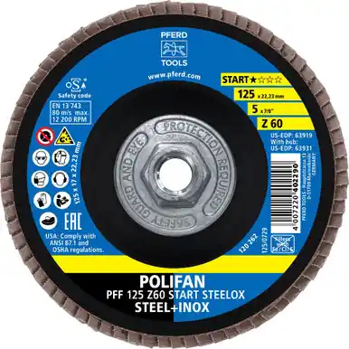 PFERD 63931 - Flap Disc, 5" x 5/8-11, Z START STEELOX, 60 Grit, T27, Flat, Zirconia (10pk)