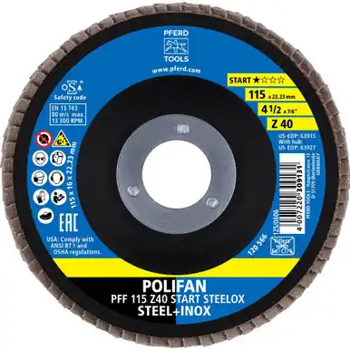 PFERD 63915 - Flap Disc, 4-1/2" x 7/8, Z START STEELOX, 40 Grit, T27, Flat, Zirconia (10pk)