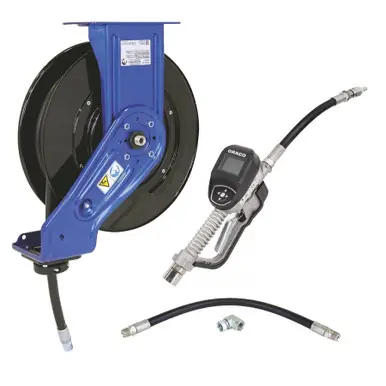 GRACO 24E002 - Oil Dispense Package, 1/2" x 35‘ Hose Reel (Blue) w/ SDM5 Flexible Extension Met