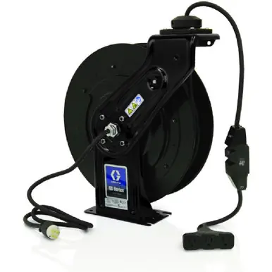 GRACO 24Y883 - SD10 120V Cord Reel - Tri-Plug GFCI Receptacle - 95 ft, 12/3, 15A, Black
